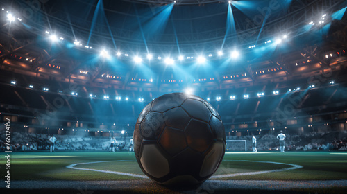 Close-up of a soccer ball on the pitch with the illuminated stadium and players in the background, evoking the anticipation of a match © kaitong1006