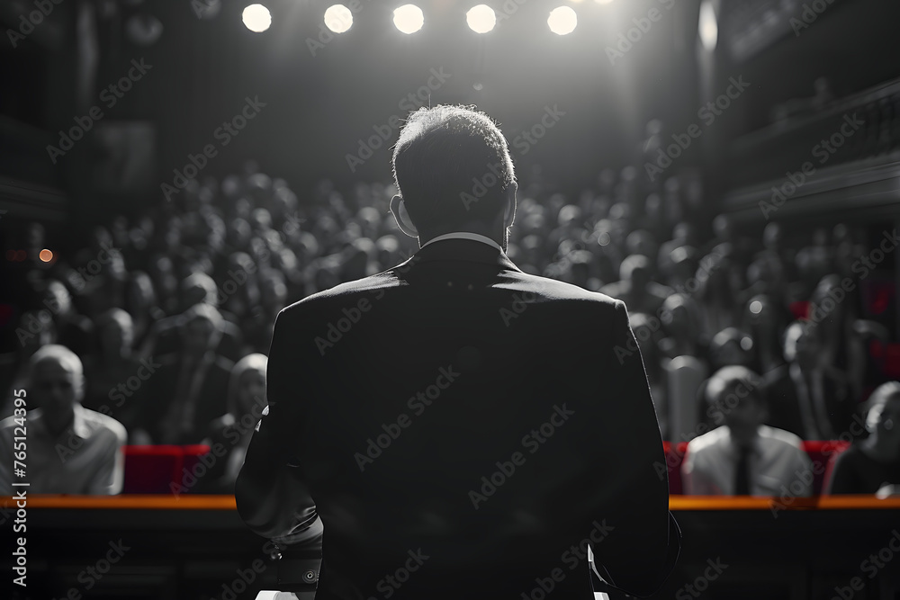 The politician addresses the crowd from the podium. Diplomatic speech and debate, demarche. Concept: Speechwriter, political activity and the will of voters. - obrazy, fototapety, plakaty 
