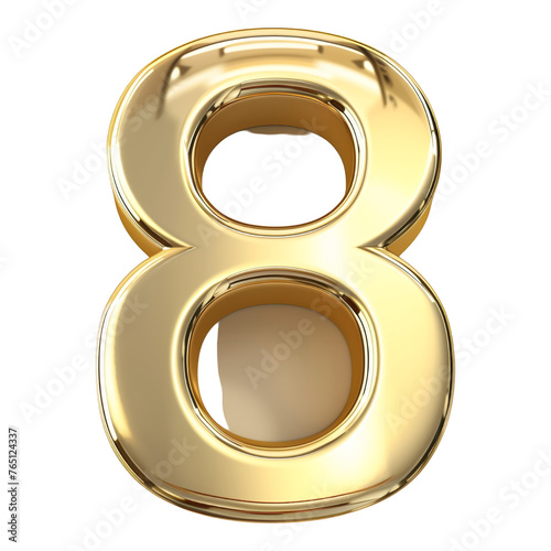 The number 8 is made of gold and has a shiny, reflective surface. It is a large, bold number that stands out against the white background