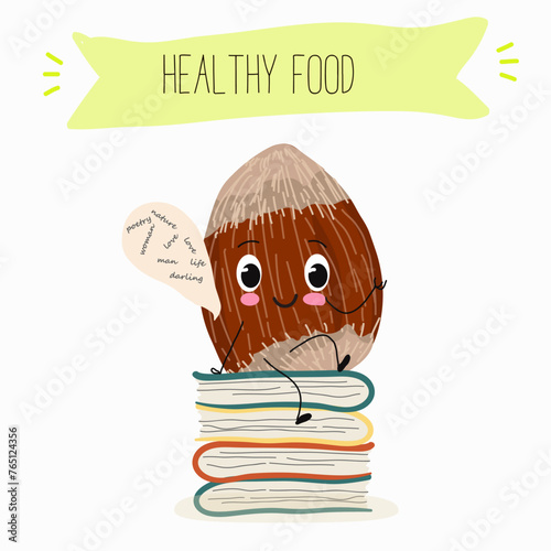 Cute characters hazelnuts with different activities. Flat vector illustration, funny nuts, funny beans. Smiling mascot for kids menu decoration.
