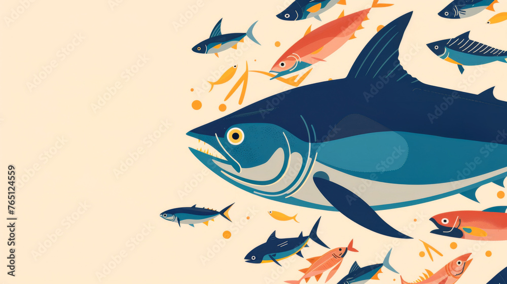 Illustration of a central tuna surrounded by various colorful fish Illustration of a central tuna surrounded by various colorful fish