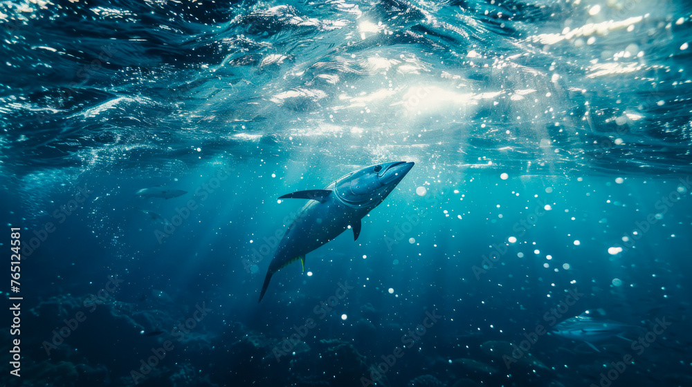 Underwater scene of a tuna against a sea backdrop