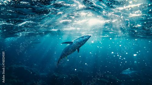 Underwater scene of a tuna against a sea backdrop photo
