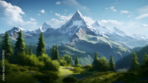 A towering mountain peak rising above a dense forest, its snow-capped summit glistening in the sunlight, a stark contrast to the lush greenery below, showcasing the diversity of nature's creations.
