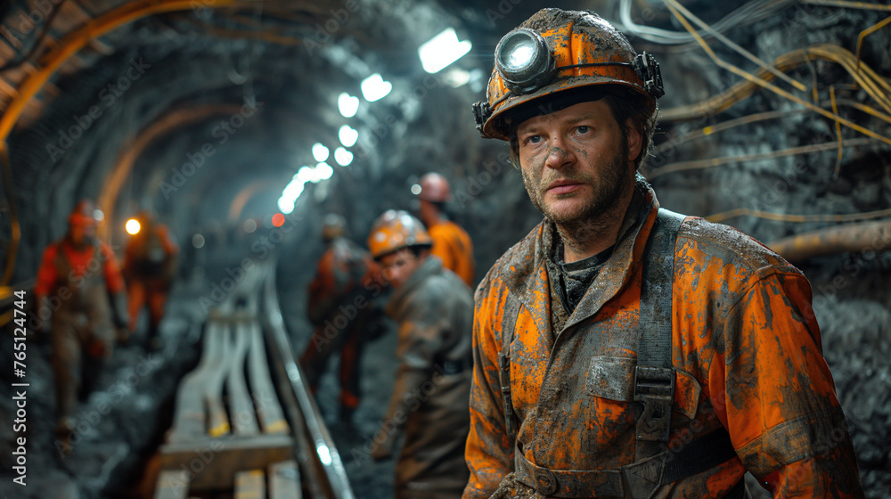 An underground tunnel lined with intricate mining machinery and equipment, as miners in hard hats and safety gear operate drill rigs and conveyor belts, their faces streaked with s An underground tunnel lined with intricate mining machinery and equipment, as miners in hard hats and safety gear operate drill rigs and conveyor belts, their faces streaked with s