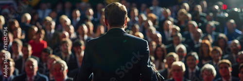 A politician addresses an attentive crowd from a podium photo