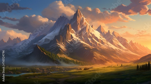 A towering mountain peak stretching towards the sky, its rugged slopes bathed in the warm light of dawn, casting long shadows across the valley below. © Graphica Galore