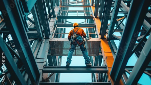 A man in workwear with a red jumpsuit, helmet, and engineering tools stands on a ladder in a building amidst the city's steel and metal structures. AIG41