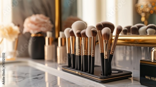 Set of professional makeup brushes in black and gold colors on marble table near mirror. © stocker