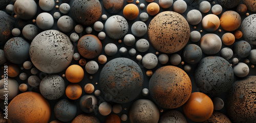 An assortment of textured spheres in grey and orange hues.