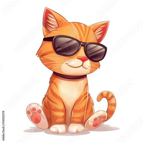 A cartoon cat wearing sunglasses and a collar sits on a white background