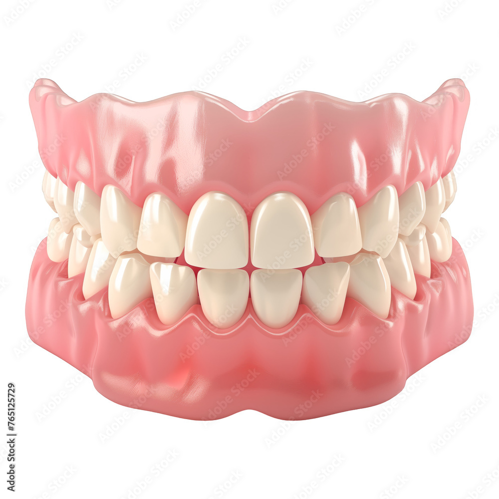 Obraz premium A close up of a fake mouth with a pink color. The teeth are white and the mouth is closed