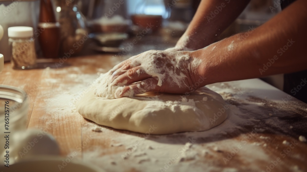 A photo from first person mixing ingredients for a homemade pizza in the kitchen showing hands kneading dough 