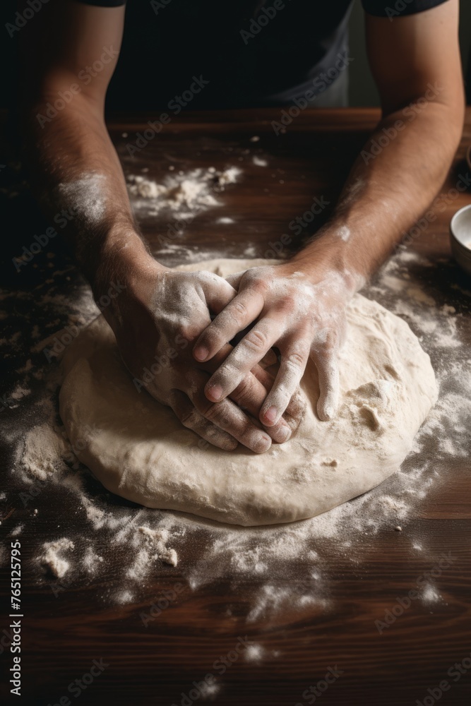 A photo from first person mixing ingredients for a homemade pizza in the kitchen showing hands kneading dough 