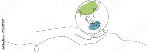 Human hands holding Earth globe with leaves continuous line drawn. Linear world map,Save Planet concept. World environment day symbol.