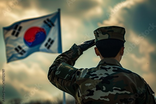 Soldier saluting South Korean flag photo