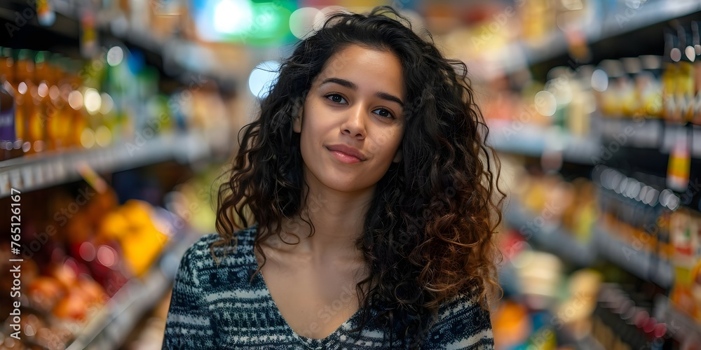 Confident shopper perseveres through crowded grocery store to complete her shopping list. Concept Grocery Shopping, Perseverance, Confidence, Busy Store, Shopping List,