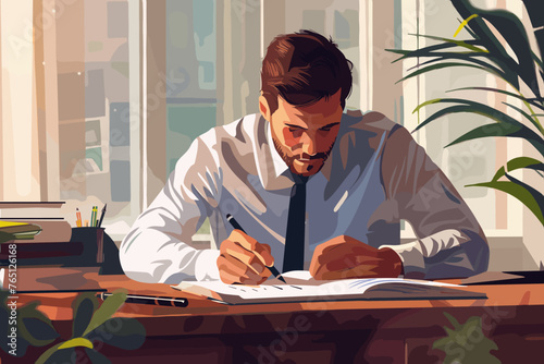 Businessman writing notes or message on notebook paper, taking memo or lecture, recording information, writing diary or article concept.