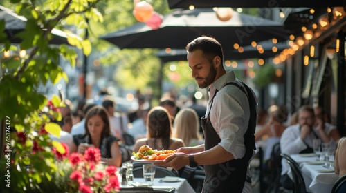 A waiter is delivering a plate of food to a customer at an outdoor restaurant. The waiter is wearing a white shirt and black apron.