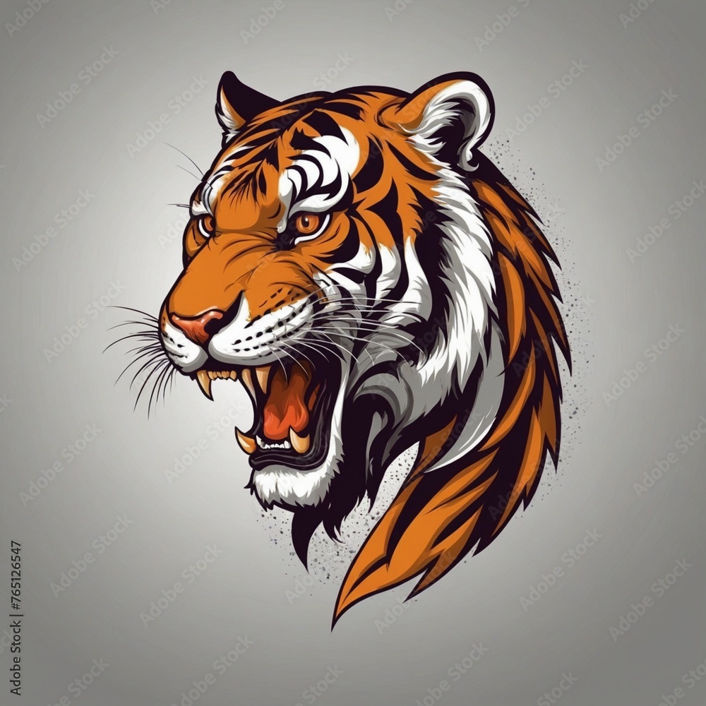 A tiger head with a fierce look on its face. The tiger is orange and black. The tiger's eyes are large and bright