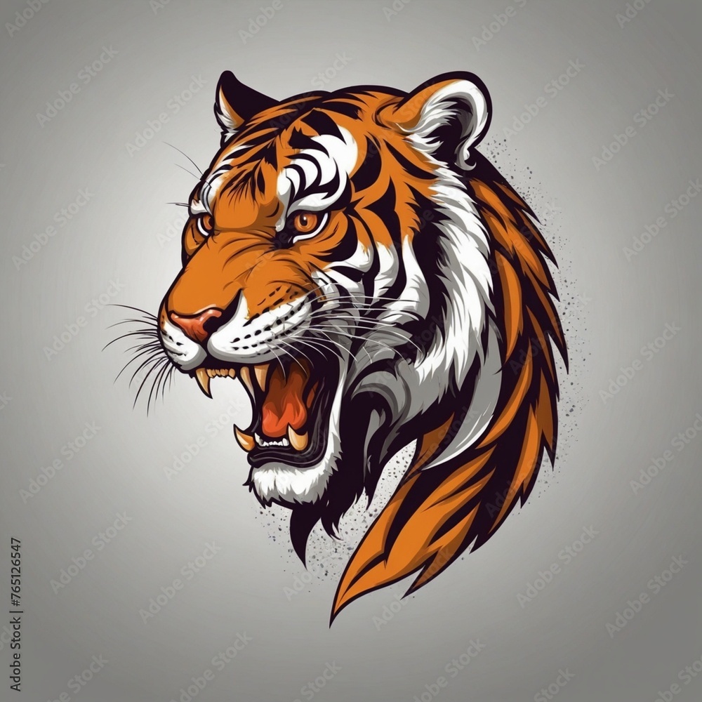 A tiger head with a fierce look on its face. The tiger is orange and black. The tiger's eyes are large and bright A tiger head with a fierce look on its face. The tiger is orange and black. The tiger's eyes are large and bright