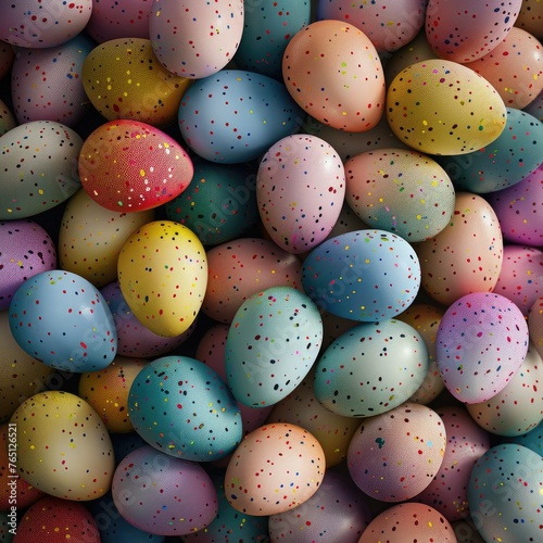 Speckled Easter eggs in pastel tones - A close-up view of varied Easter eggs with speckled designs in soft pastel colors, creating a festive texture