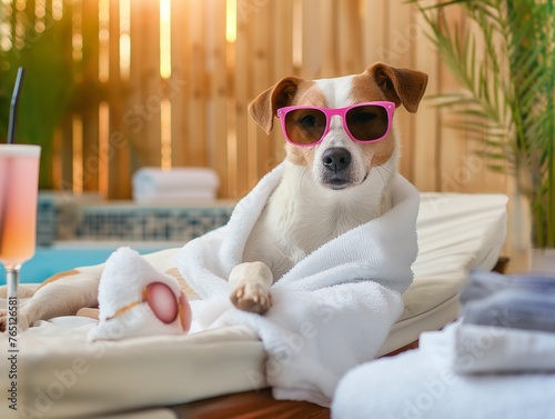 cute dog relaxing and lying, in the spa, wearing a robe and funny sunglasses, cocktail © mirifadapt