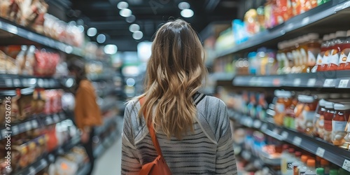 Navigating through a crowded supermarket aisle: Woman shopping for groceries. Concept Supermarket Shopping, Busy Aisle, Grocery List, Woman Shopper, Crowded Store photo