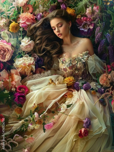 Elegant woman surrounded by flowers - Artistic representation of a woman in a flowing gown amidst an abundance of various beautiful flowers