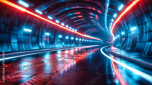 Futuristic Tunnel with Neon Lights, Modern Architecture, Abstract Design and Perspective