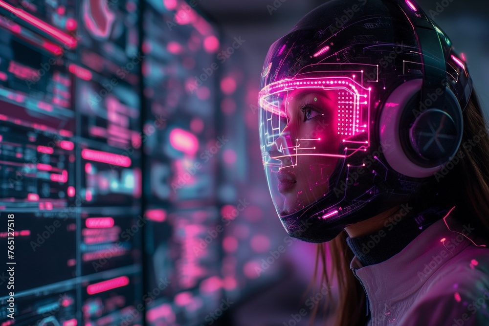 AI assistant helps a human worker in a call center, purple pink background AI assistant helps a human worker in a call center, purple pink background