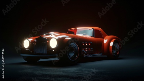 3D rendering of a classic red car with a shiny body. The car is lit by a single spotlight  which highlights its curves and details.