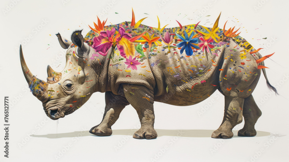 a drawing of a rhino with flowers and confetti on it's back, standing in front of a white background.