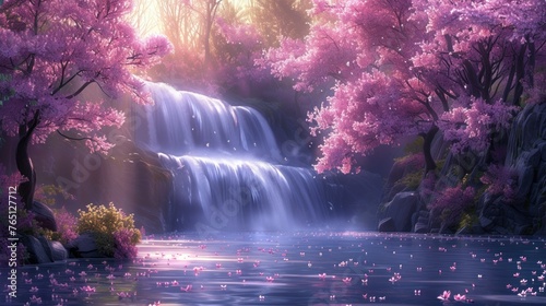 a painting of a waterfall with pink flowers in the foreground and a lake with a waterfall in the background.