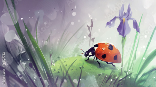 a ladybug sitting on top of a green grass covered field next to a purple flower and a purple flower.