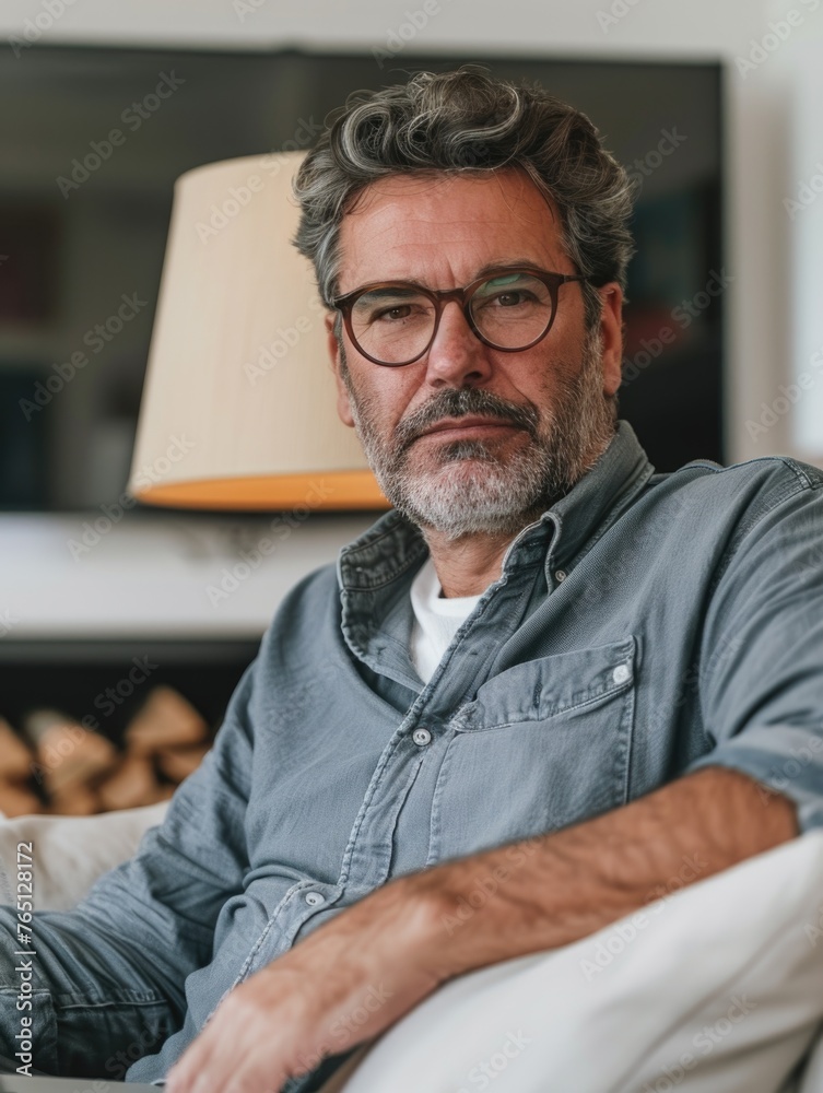 Man with glasses and gray shirt is sitting on couch Man with glasses and gray shirt is sitting on couch