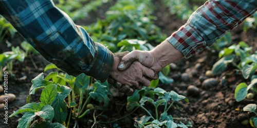 Two people shaking hands in field of plants