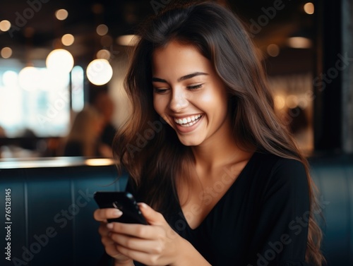 Woman is smiling and holding cell phone