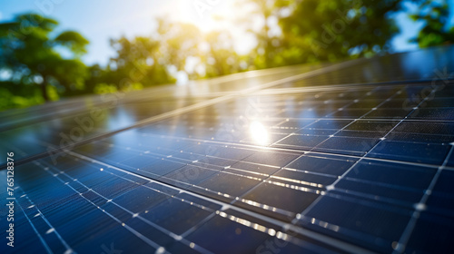 Sun reflection on solar panels with lush green background