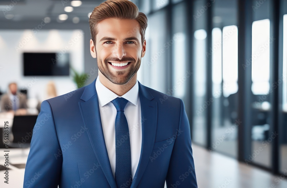 Smiling confident young businessman looking at camera standing in office