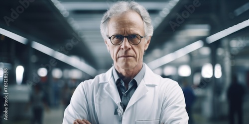 Man in white lab coat stands in hallway with his arms crossed