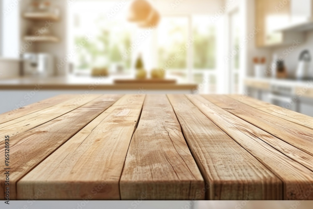 Wooden table with view of kitchen Wooden table with view of kitchen