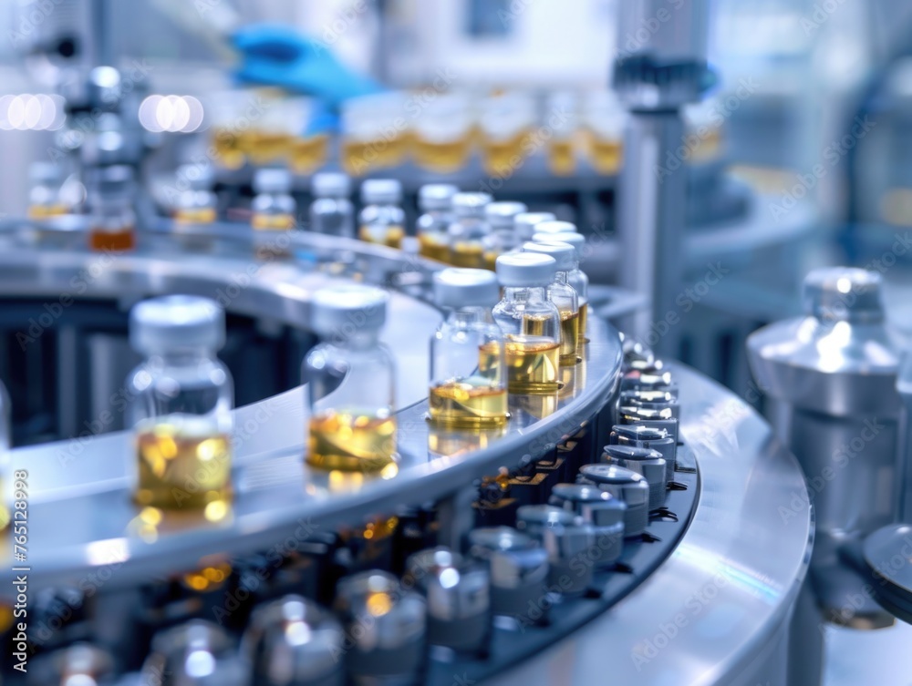Conveyor belt with many bottles of liquid on it Conveyor belt with many bottles of liquid on it