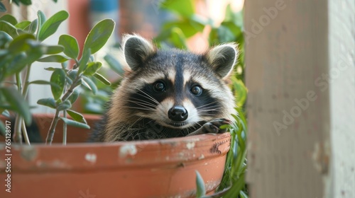Curious Raccoon Peeking Behind Potted Plant