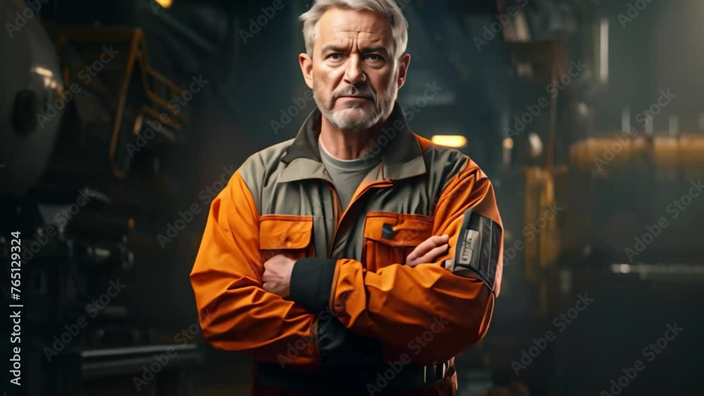 A man wearing an orange and gray jacket stands in a factory, Professional Heavy Industry Engineer Worker Wearing Uniform, AI Generated