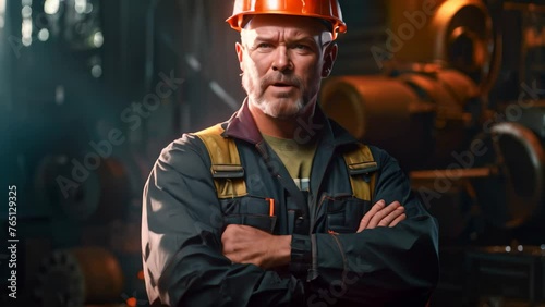 A man wearing a hard hat stands in a factory, confidently holding various tools and equipment, Professional Heavy Industry Engineer Worker Wearing Uniform, AI Generated photo