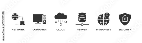 Network technology banner web icon vector illustration concept with icon of network, computer, cloud, server, ip address and security	