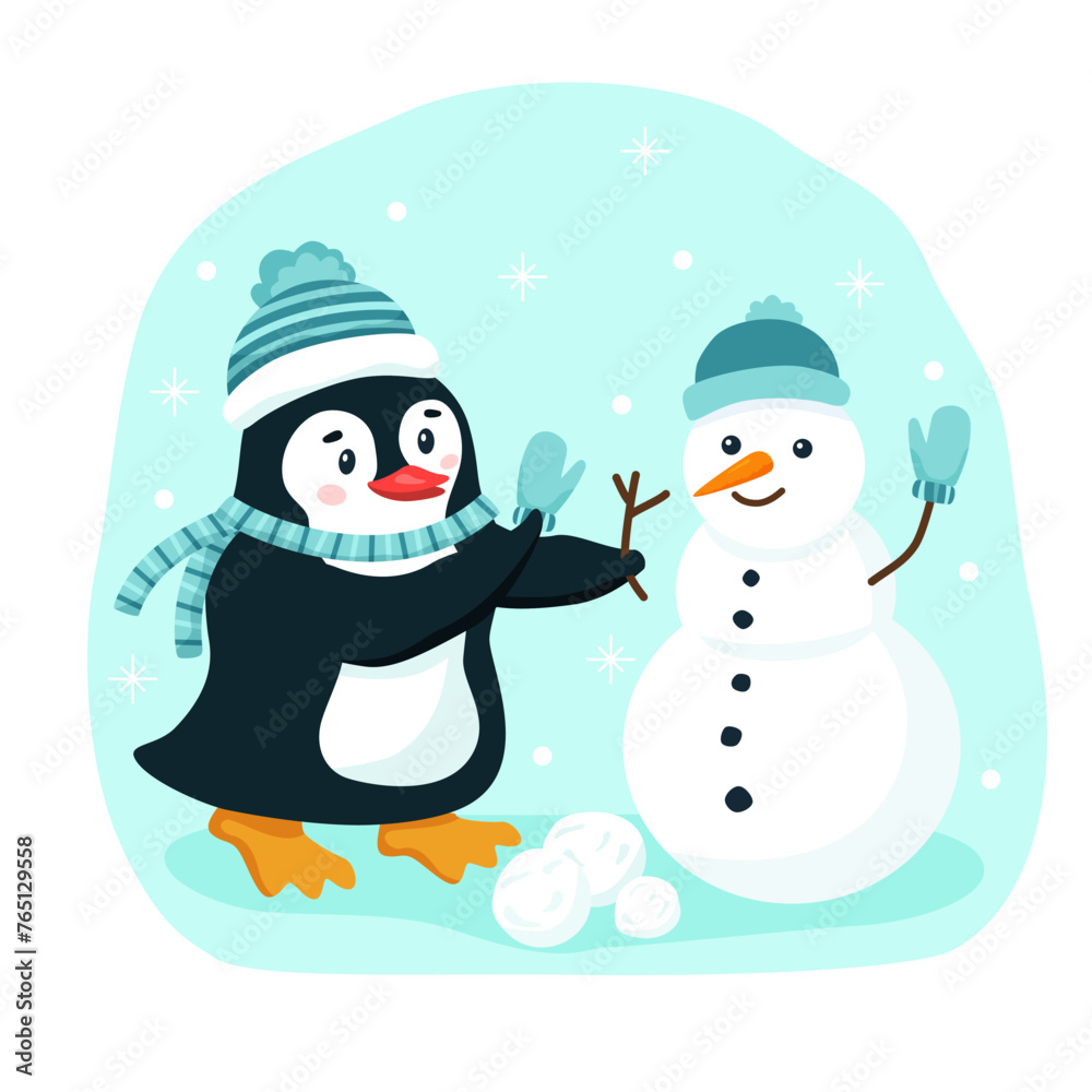 Funny flat penguin in blue hat makes snowman on winter snowy background. Vector hand drawn illustration with winter concept characters. Cartoon image of cute smiling animal for banner or template