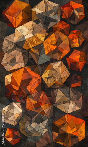 Geometric abstract mosaic with warm-toned textured cubes.