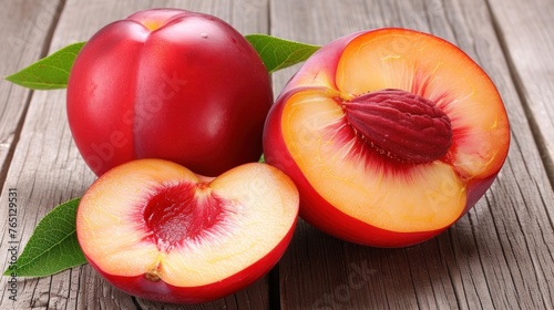 a couple of pieces of fruit sitting on top of a wooden table next to a piece of fruit with a green leaf. photo